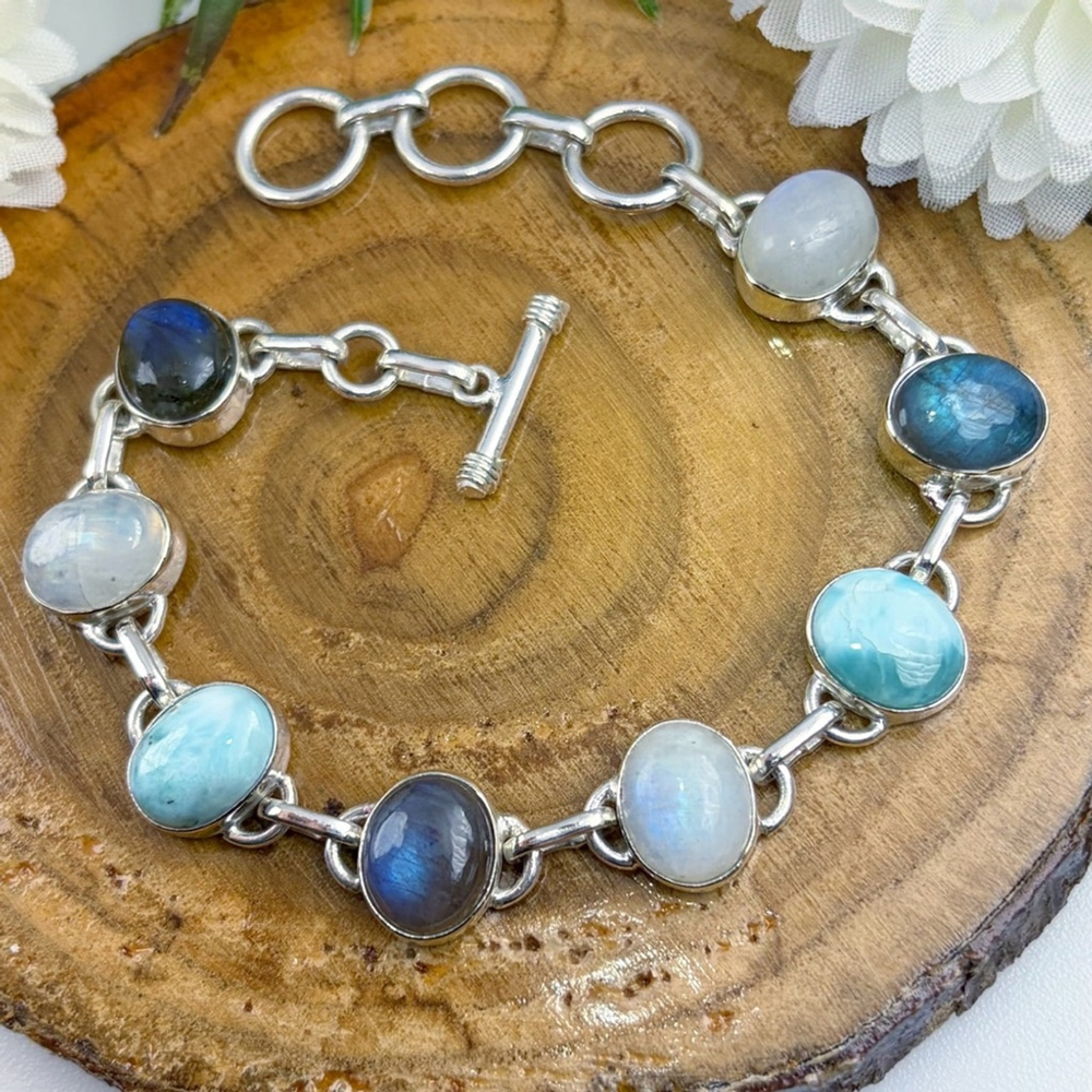 Multi Gemstone Bracelet Larimar Blue Labradorite Rainbow Moonstone Handmade 925